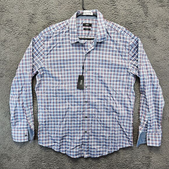 NEW Hugo Boss Robbie 1 Slim Fit Blue Check Plaid Long Sleeve Casual Shirt‎ XXL - Picture 1 of 12